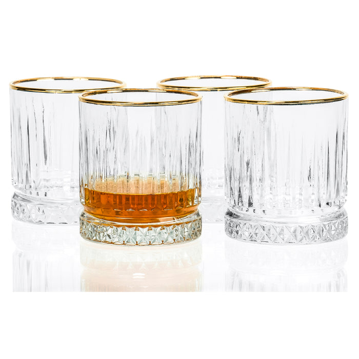 Red Co. Set of 4 Double Old-Fashioned Whiskey 11 Oz. Lowball Rocks Glasses with Gold Rim