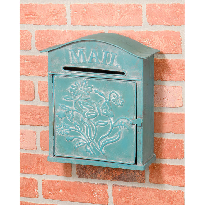 Red Co. 10” x 12.5” Farmhouse Mail Embossed Tin Metal Wall Mount Mailbox, Country Rustic Décor, Distressed Teal Blue