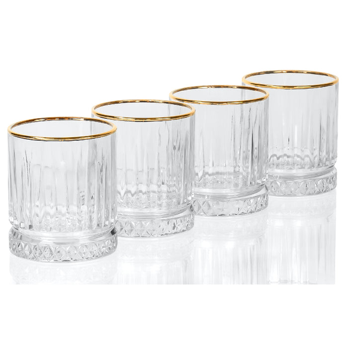 Red Co. Set of 4 Double Old-Fashioned Whiskey 11 Oz. Lowball Rocks Glasses with Gold Rim