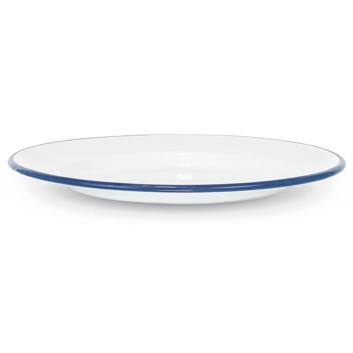Red Co. Set of 4 Enamelware Metal Classic 10" Round Dinner Plate, Solid White/Navy Blue Rim