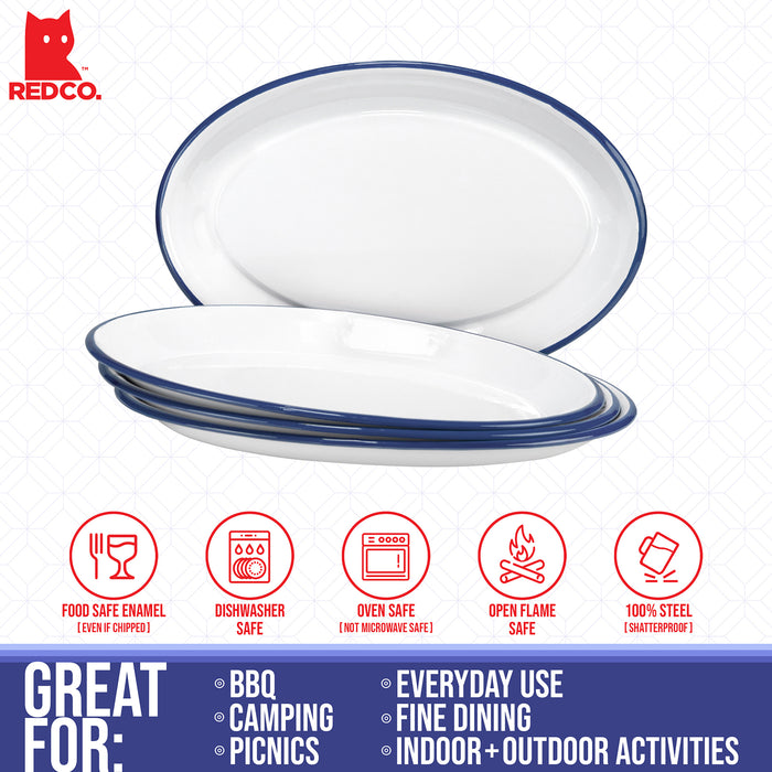 Red Co. Set of 4 Enamelware Metal Classic 13" Serving Oval Tray Platter, Solid White/Navy Blue Rim