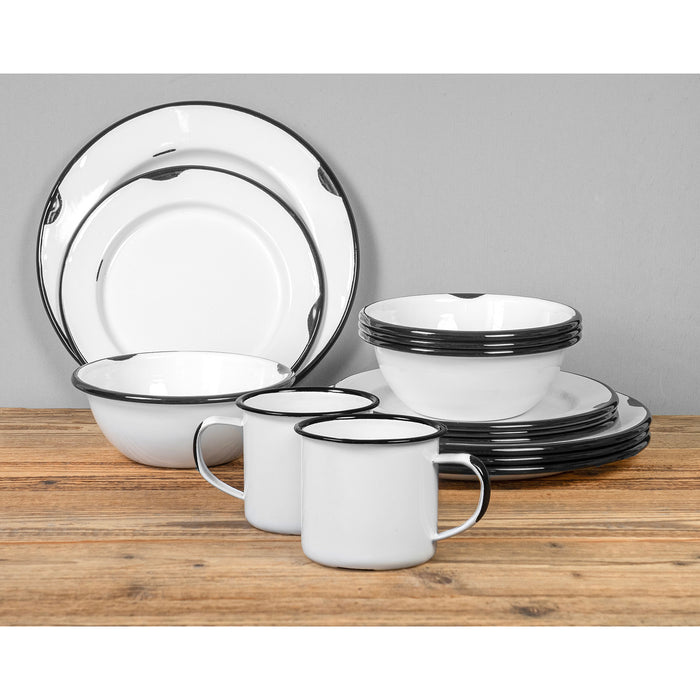 Red Co. 16-Piece Enamelware Metal Dinnerware Set for 4 with Dinner Plates, Salad Plates, Cereal Bowls, Tea Mugs – Distressed White/Black Rim