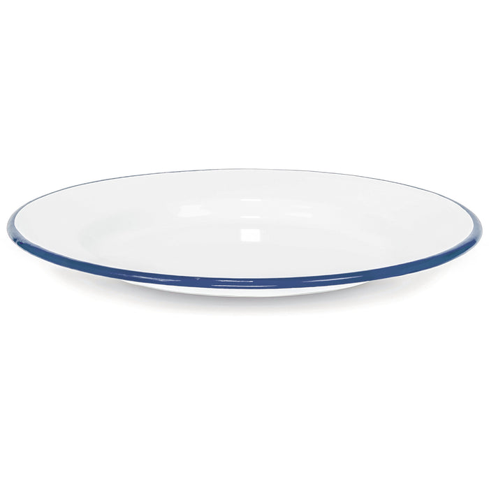 Red Co. Set of 4 Enamelware Metal Classic 10" Round Dinner Plate, Solid White/Navy Blue Rim
