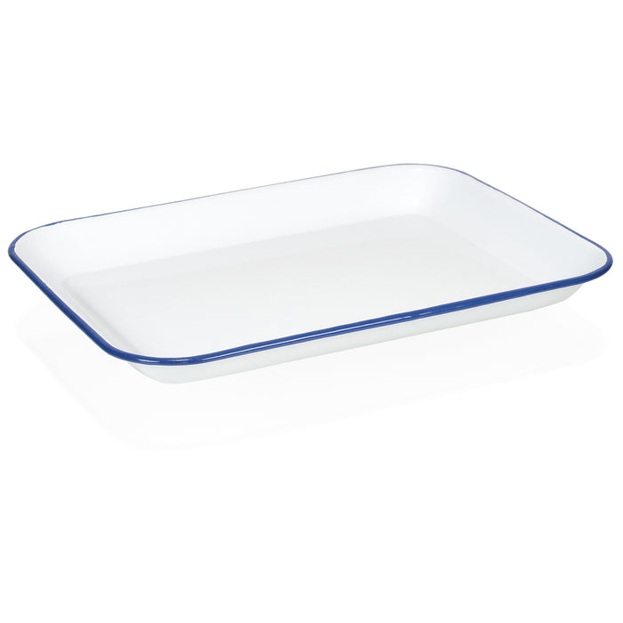 Red Co. 13.5” x 10” Enamelware Metal Classic 1.6-Quart Rectangular Serving Tray, Solid White/Navy Blue Rim