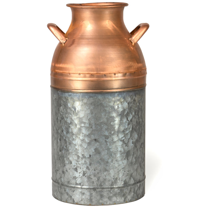 Red Co. 16” Tall Large Decorative Galvanized Metal & Copper Jug Vase with Handles, Distressed Grey/Rose Gold
