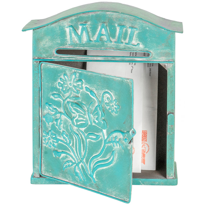 Red Co. 10” x 12.5” Farmhouse Mail Embossed Tin Metal Wall Mount Mailbox, Country Rustic Décor, Distressed Teal Blue