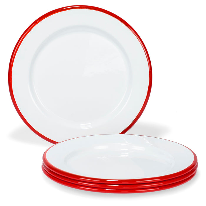 Red Co. Set of 4 Enamelware Metal Classic 8" Round Salad Plate, Solid White/Colored Rim