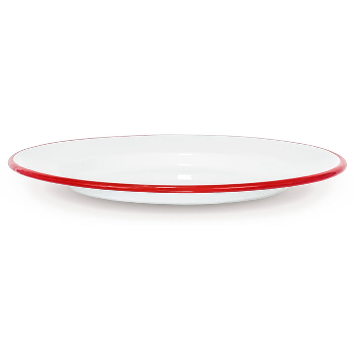 Red Co. Set of 4 Enamelware Metal Classic 10" Round Dinner Plate, Solid White/Colored Rim