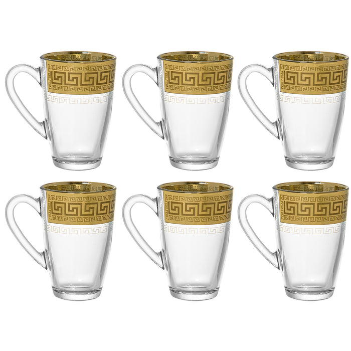 Red Co. Set of 6 Decorated Clear Glass 12 Fl Oz Tea and Coffee Mugs with Golden Greek Key Trim