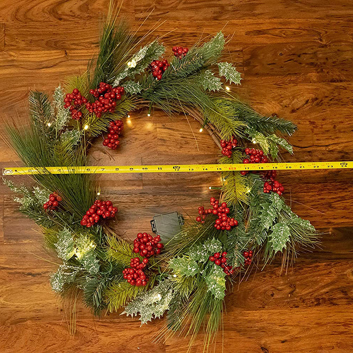 22 Inch Light-Up Christmas Wreath with Pine & Red Cranberries, Battery Operated LED Lights with Timer