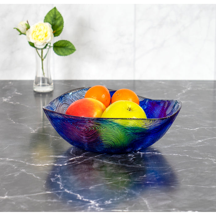 Red Co. Large Blue Etched Wavy Glass Bowl for Fruits and Vegetables, Dining Table Kitchen Decoration, 9.75" x 3.25"