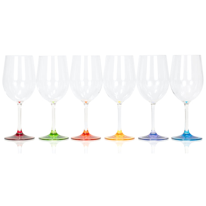 Red Co. Classic Tulip Shaped Long Stem Clear Plastic Outdoors Break Resistant Wine Glass with Multicolor Base, Set of 6 - 12 oz.