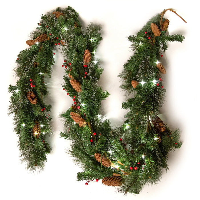 9 Ft Light-Up Christmas Garland with Pine & Red Cranberries, Battery Operated LED Lights with Timer, 108" x 10"