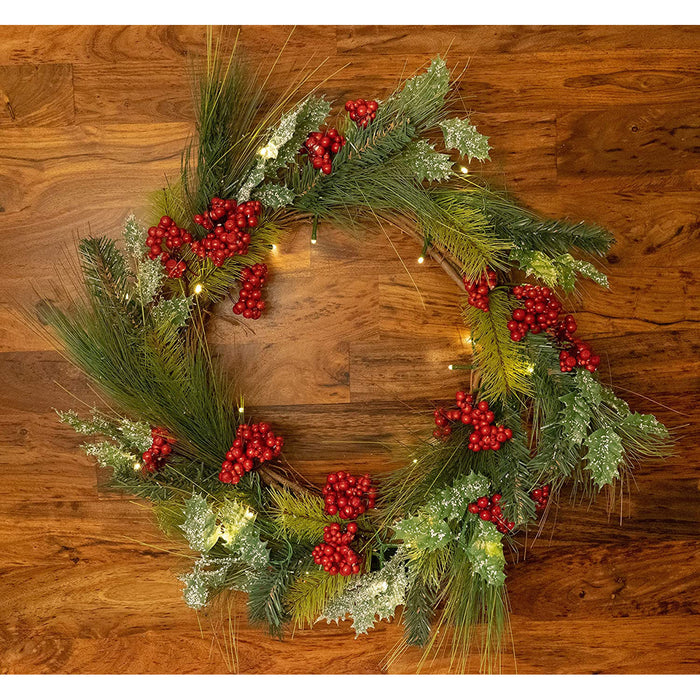 22 Inch Light-Up Christmas Wreath with Pine & Red Cranberries, Plug-in Operated LED Lights