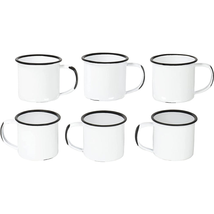 Red Co. Set of 6 Enamelware Metal Small Classic 5 Oz Round Coffee and Tea Mug with Handle, Distressed White/Black Rim