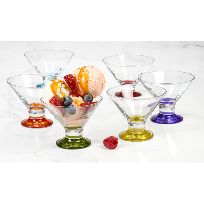 Coral Crema Savory Sweets Footed Ice Cream Bowl, Glass Dessert Cups For Parfait Fruit Salad or Pudding, Assorted Colors, Set of 6, 5.5 oz