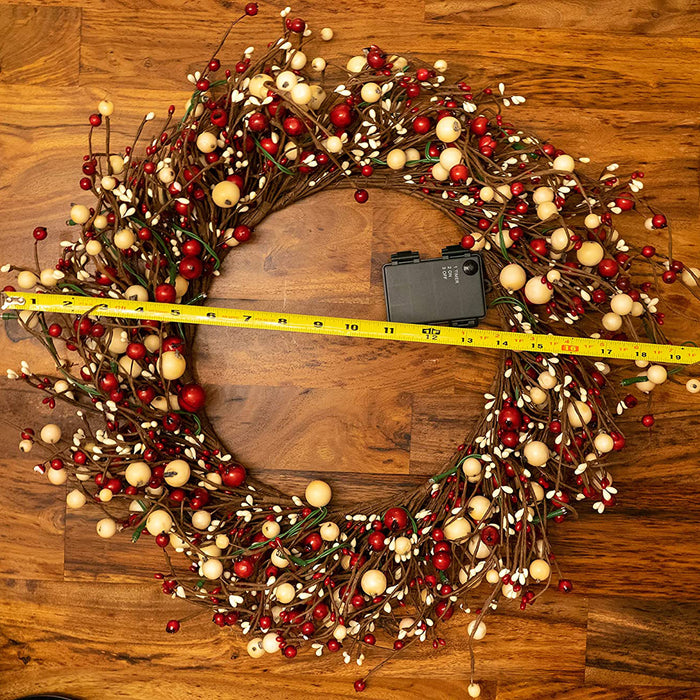 Light-Up Christmas Wreath with Red Pip Berries, Battery Operated LED Lights with Timer