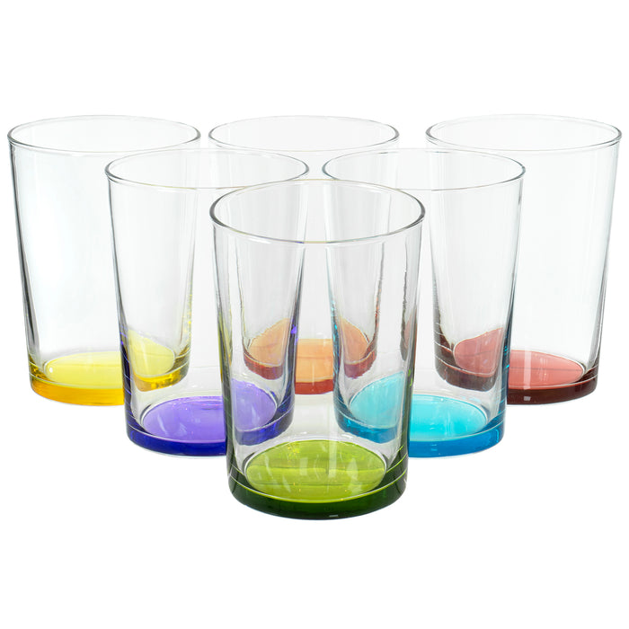 Large Rocks Clear Multi Colored Base Drinking Glass for Water, Juice, Beer, Whiskey, and Cocktails, 16 Ounce - Set of 6