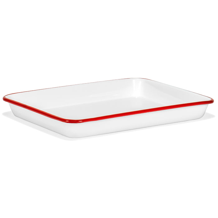 Red Co. 11" x 9" Enamelware Metal Classic 2 Quart Rectangular Serving Tray with Colored Rim