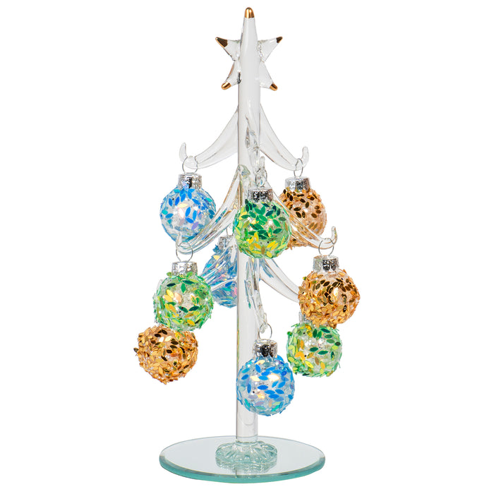 8 Inch Mini Glass Christmas Tree Tabletop Decoration with Colorful Removable Ornaments, Speckled