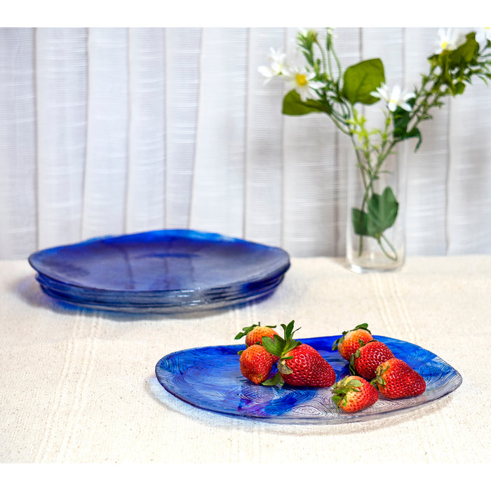 Red Co. White and Blue Etched Wavy Glass Irregular Shaped Dinner Plates, 10" Diameter - Set of 6