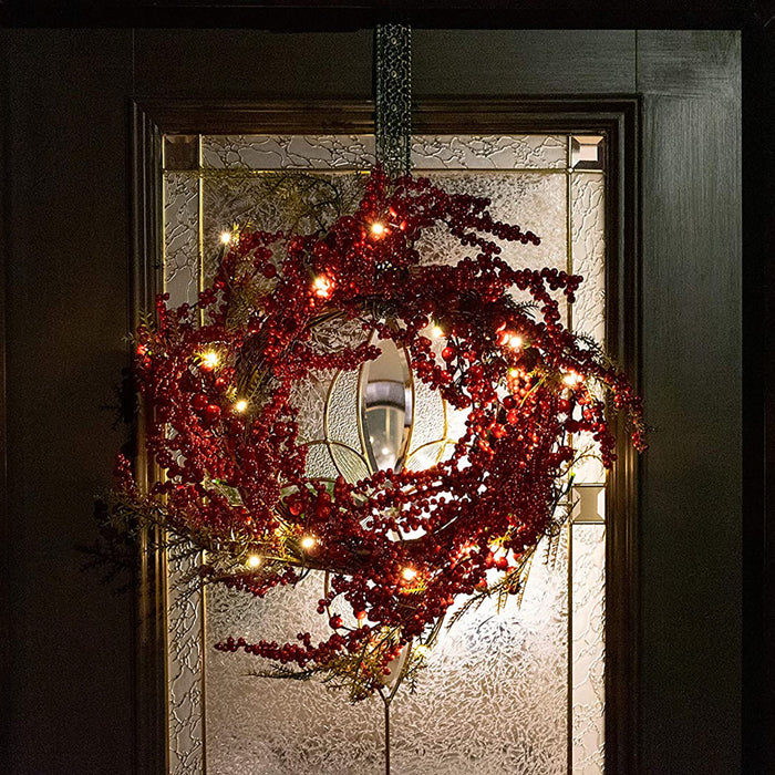22 Inch Light-Up Christmas Wreath with Red Cranberries, Battery Operated LED Lights with Timer