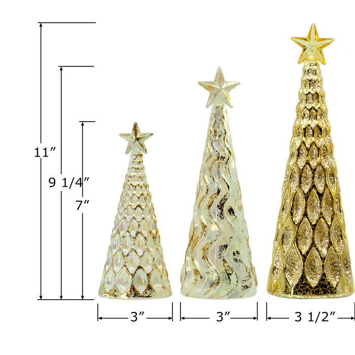 Red Co. Glass Christmas Tree Figurine Ornaments, Light-Up Holiday Season Decor, 11-inch, 9.5-inch, 8-inch, Set of 3