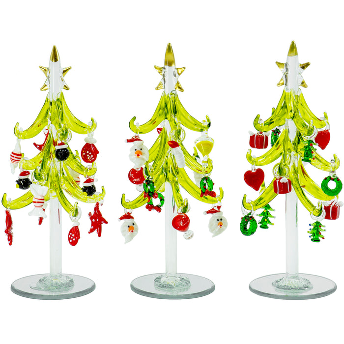 Red Co. Glass Christmas Tree Tabletop Display Decoration with Assorted Glass Ornaments, Holiday Season Decor, 8 Inches, Set of 3