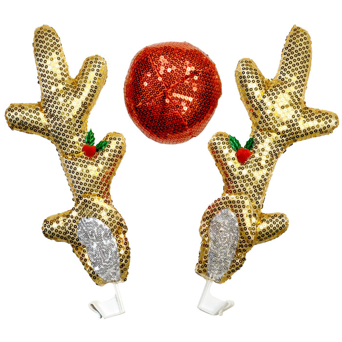 Red Co. 16” Sequined Reindeer Antlers & Nose Christmas Car Costume Kit, Light Brown