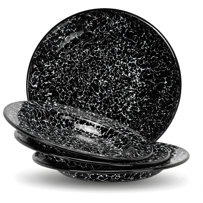 Red Co. Set of 4 Enamelware Metal Classic 8" Round Salad Plate, Black Marble/Black Rim - Splatter Design
