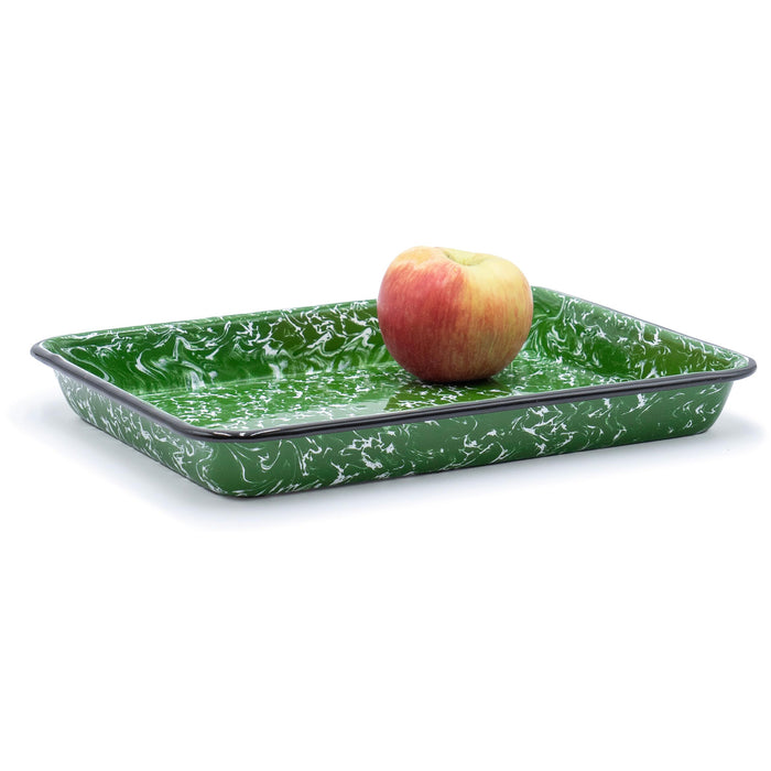 Red Co. 11" x 9" Enamelware Metal Classic 2 Quart Rectangular Serving Tray, Dark Green Marble/Black Rim - Splatter Design