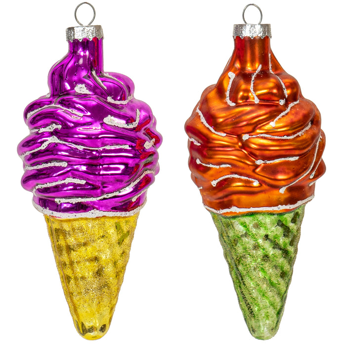 Red Co. 4.5” Small Decorative Glass Hanging Christmas Tree Ornaments – Set of 2 Assorted Ice Cream Cones