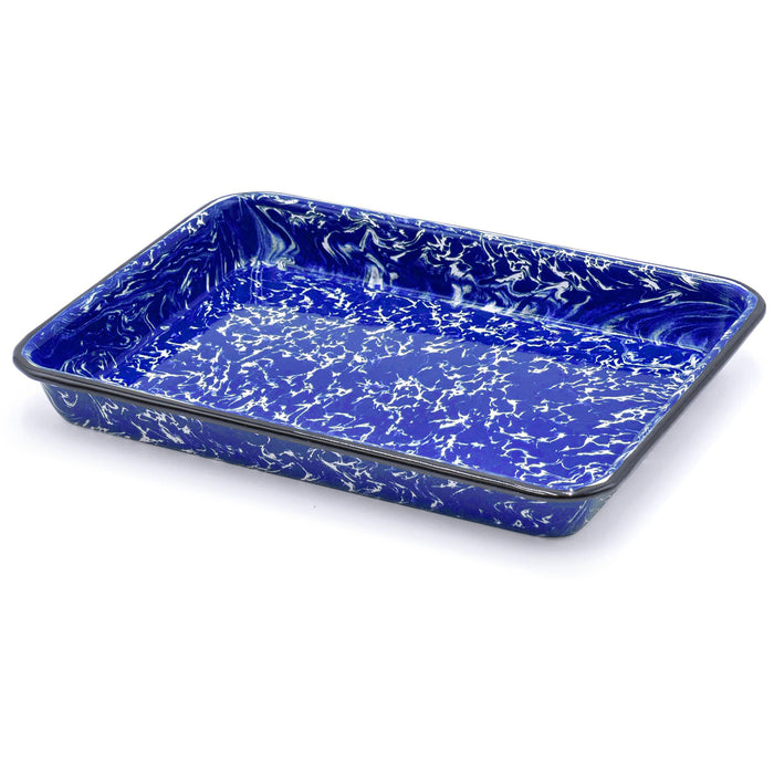 Red Co. 11" x 9" Enamelware Metal Classic 2 Quart Rectangular Serving Tray, Navy Blue Marble/Black Rim - Splatter Design