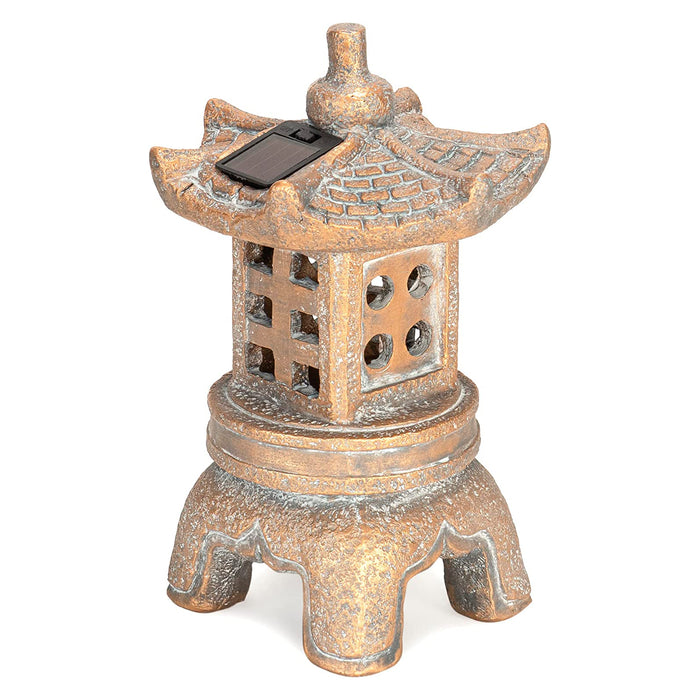 Red Co. 11” Solar-Powered LED Square Pagoda Lantern Asian Décor Zen Garden Statue, Distressed Gold