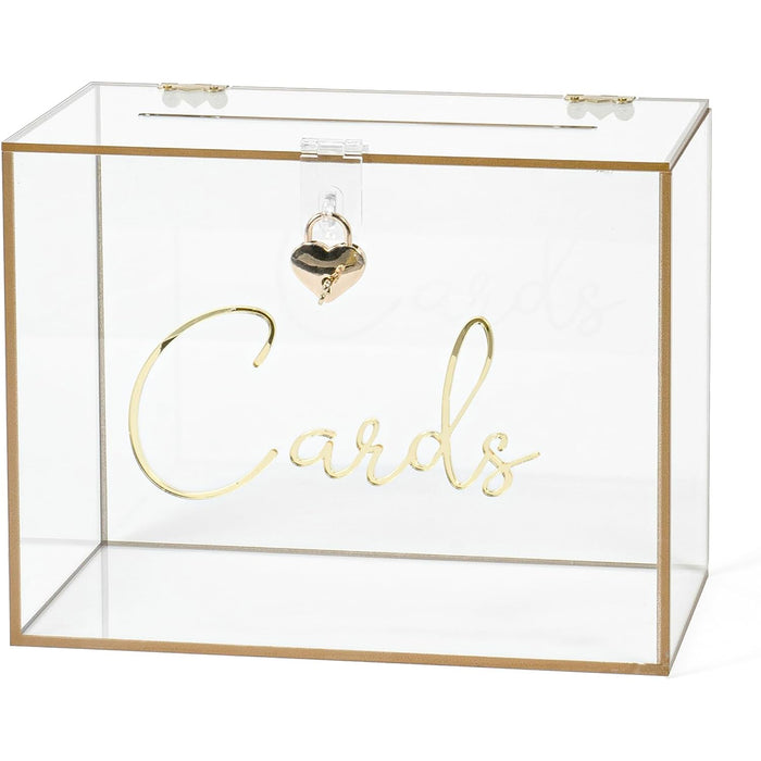 Red Co. 10.5” x 8.5” Clear Acrylic Decorative Box with Golden Cards Lettering, Frame, and Lock