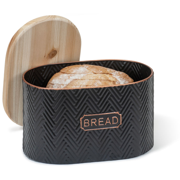 Red Co. 11.25” x 7.25” Pre-Labeled Metal Embossed Bread Container Box with Wooden Lid, Black