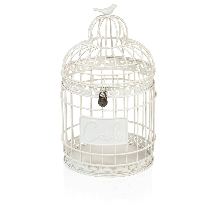 Red Co. 9.5” Dia Round Decorative Rustic Lockable Metal Birdcage Wedding Card Holder, White