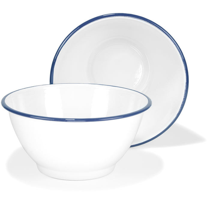 Red Co. Set of 2 Enamelware Metal Large Classic 4 quart Round Salad Serving Bowl, Solid White/Navy Blue Rim