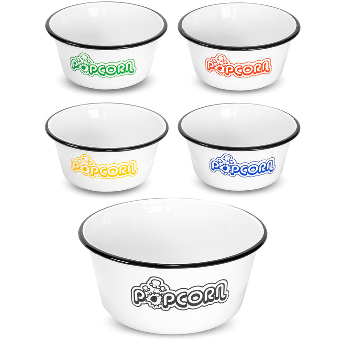 Red Co. Set of 5 White Enamelware Metal Classic 4 Quart and 1.2 Quart Popcorn Bowls, Assorted Color Prints/Black Rim