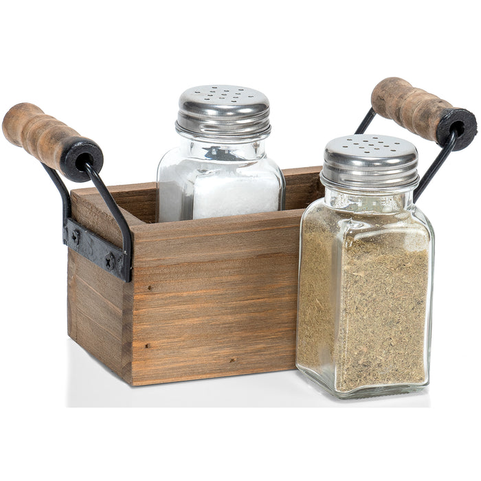 Red Co. Glass Salt & Pepper Shakers in 4” Wooden Carrying Caddy with Handles, Distressed Brown