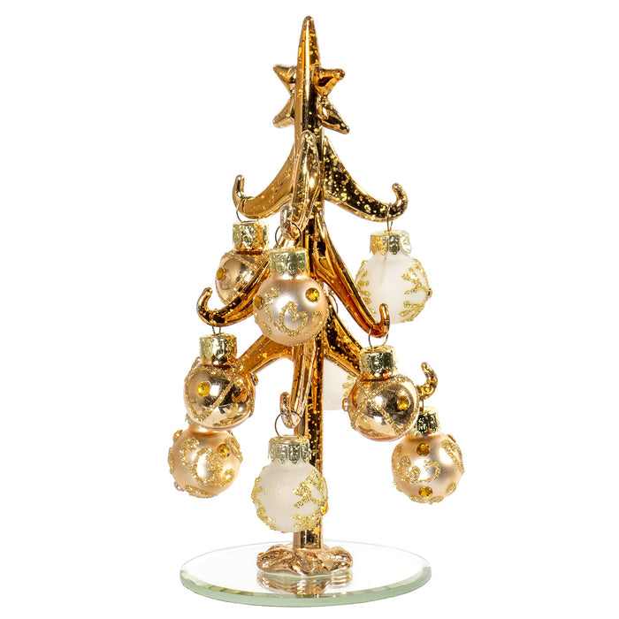 Red Co. 6.25" Mini Gold Metallic Glass Christmas Tree Tabletop Decoration with Glittered Removable Ornaments