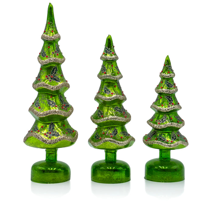 Red Co. Set of 3 (14.5”, 12”, 10.5”) Glass Light-Up Decorative Tabletop Christmas Tree Holiday Figurine with LED Lights, Festive Green
