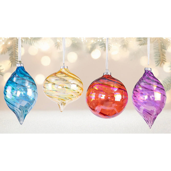 Red Co. Set of 12 Decorative 4” to 6” Assorted Iridescent Multicolor Glass Hanging Christmas Tree Ornaments - Olive, Ball & Onion