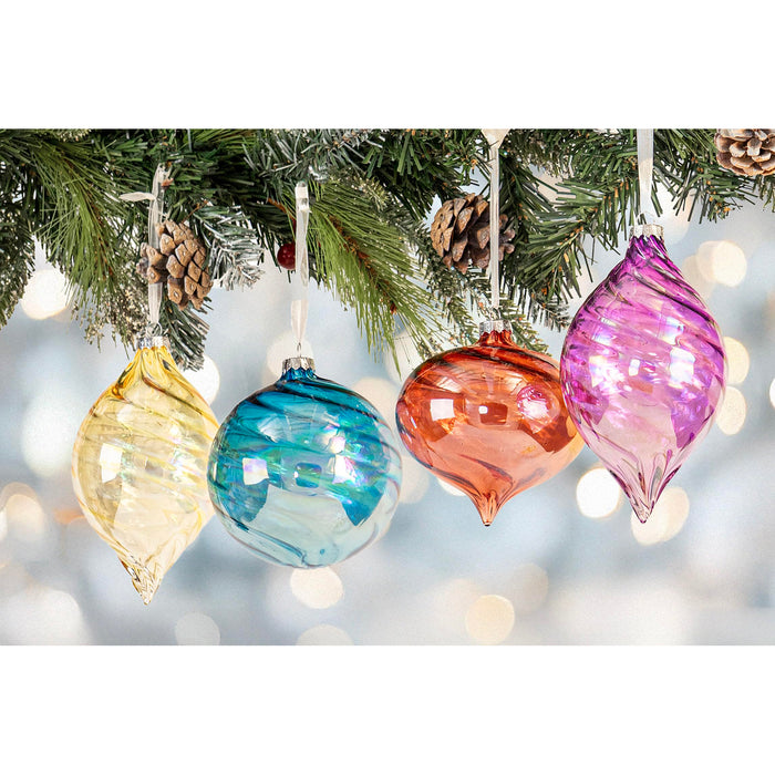 Red Co. Set of 12 Decorative 4” to 6” Assorted Iridescent Multicolor Glass Hanging Christmas Tree Ornaments - Olive, Ball & Onion