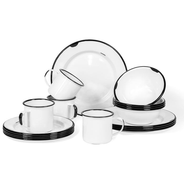 Red Co. 16-Piece Enamelware Metal Dinnerware Set for 4 with Dinner Plates, Salad Plates, Cereal Bowls, Tea Mugs – Distressed White/Black Rim