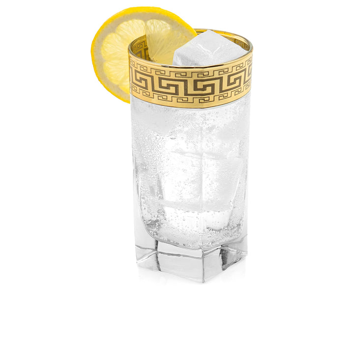 Red Co. Set of 6 Clear Decorated 10 Fl Oz Drinking Glasses with Golden Greek Key Trim – Highball