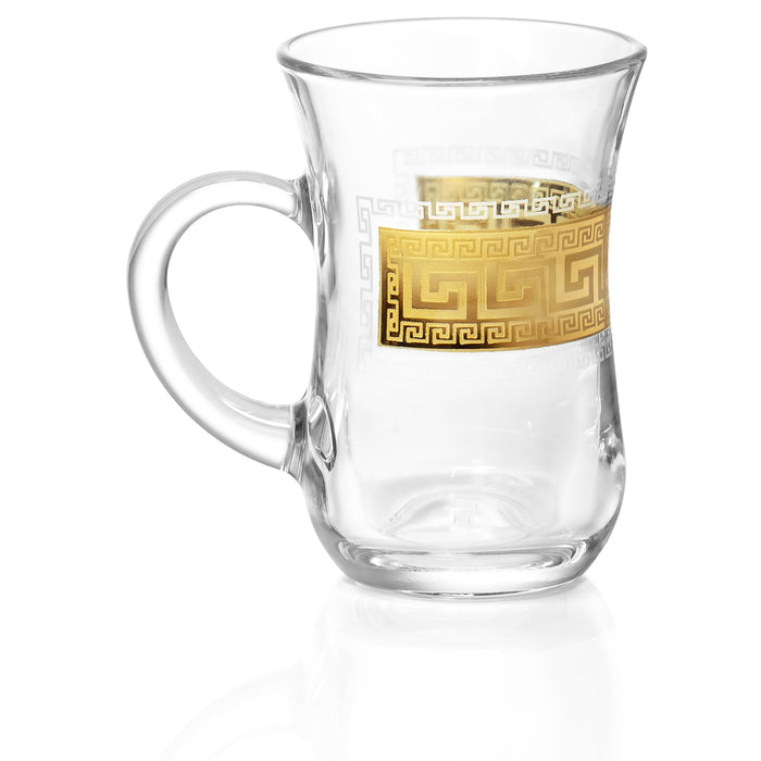 Red Co. Set of 6 Decorated Clear Glass 5 Fl Oz Turkish Tea Cups with Golden Greek Key Pattern and Handle