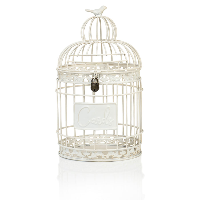 Red Co. 9.5” Dia Round Decorative Rustic Lockable Metal Birdcage Wedding Card Holder, White