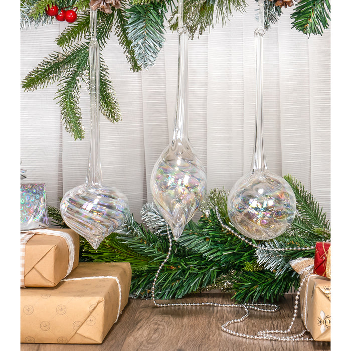 Red Co. 10” Decorative Glass Hanging Christmas Tree Ornaments Set of 3 – Iridescent Clear Olive, Ball & Onion