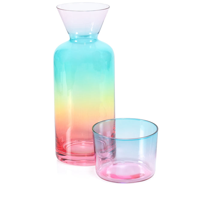 Red Co. Rainbow Sprayed Glass 21 Fl Oz Bedside Water Carafe with Tumbler – 2-Piece Beverage Set